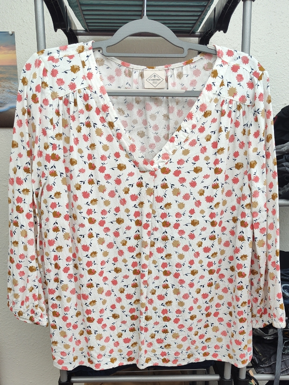 St. John's Bay White V-Neck Blouse with Pink & Brown Floral
